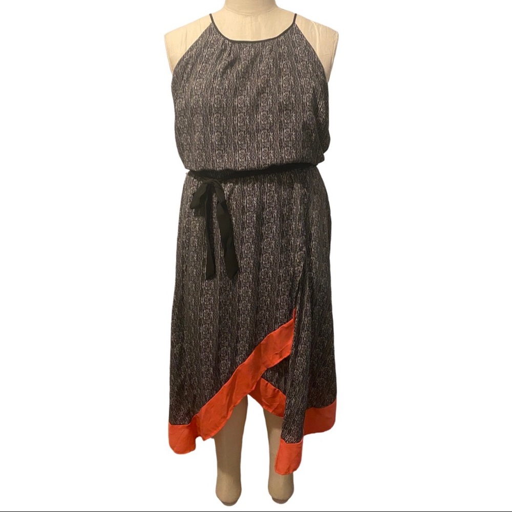 Asymetrical Scarf Dress with Black/Grey/Beige Print, Pink Hem & Black Belt
